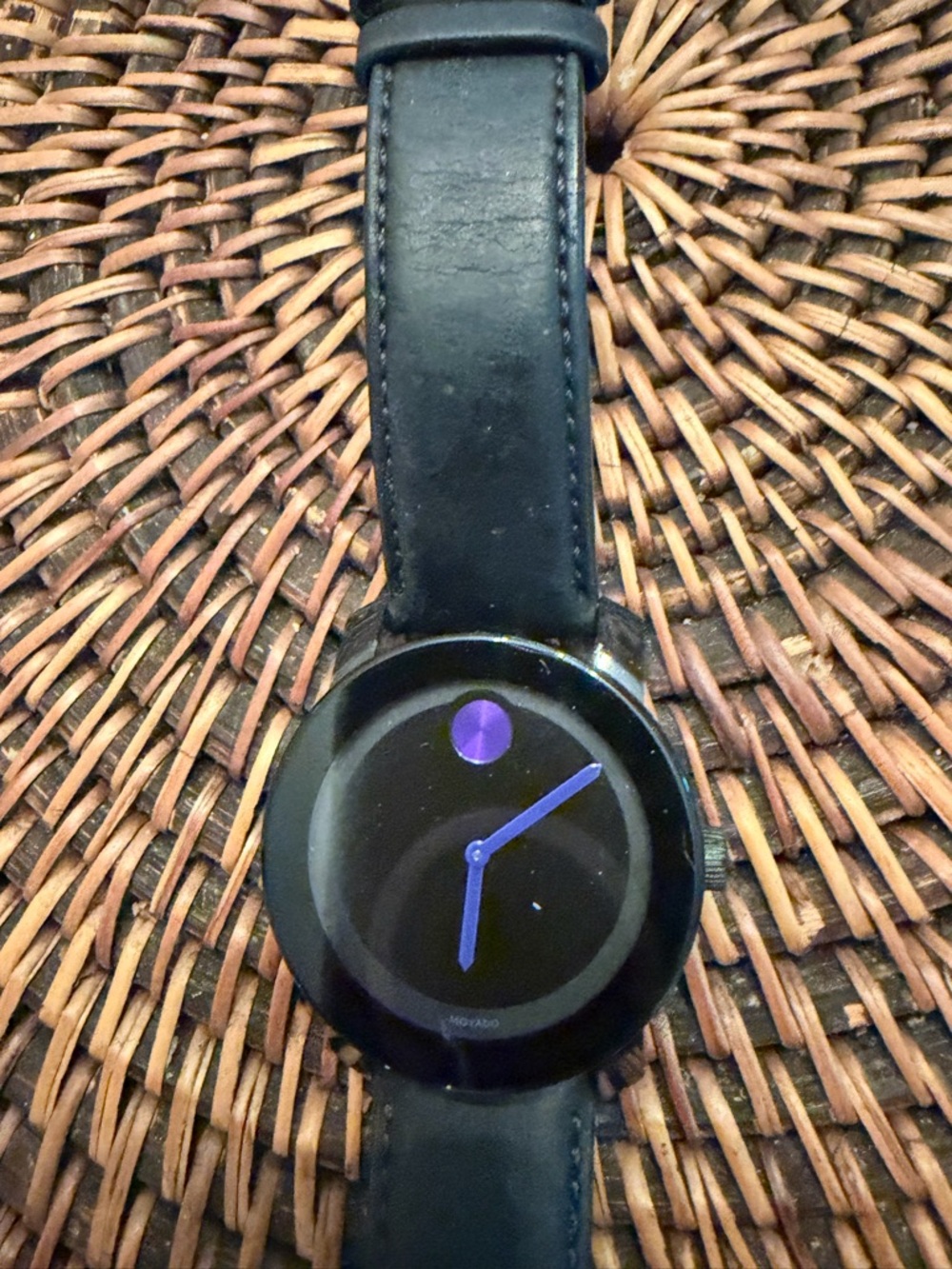 Movado Black Watch with Purple Hands and Dot